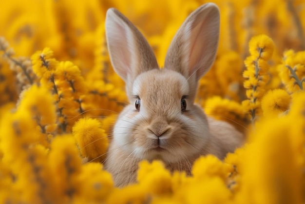 El conejo lindo en las flores de mimosa de primavera