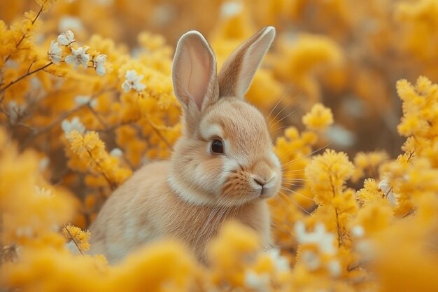 Foto el conejo lindo en las flores de mimosa de primavera