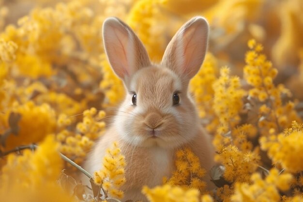 El conejo lindo en las flores de mimosa de primavera