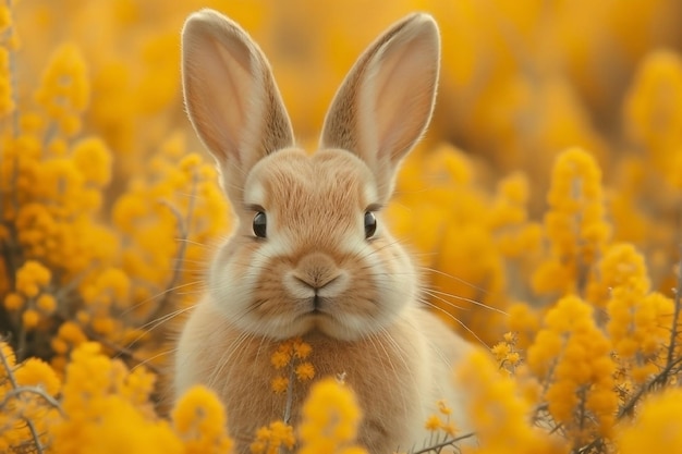 Conejo lindo en flores de primavera Feliz Pascua