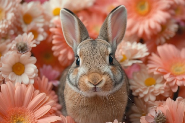 Foto conejo lindo en flores de primavera feliz pascua