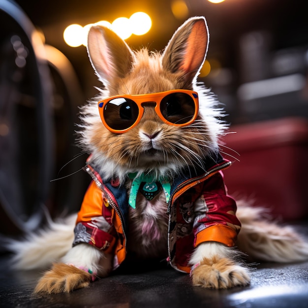 conejo lindo con gafas de sol con un conejo de Pascua dorado foto de alta calidad