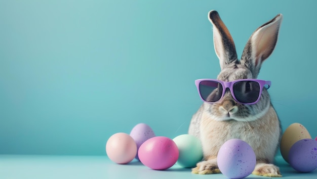 Un conejo lindo con gafas de sol con huevos de Pascua en fondo azul