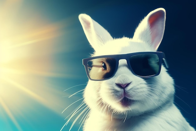 Un conejo lindo y gracioso con gafas de sol con emociones felices generadas por la IA.