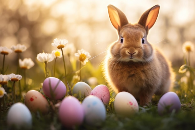 Un conejo lindo rodeado de un campo de huevos de Pascua creados con IA generativa