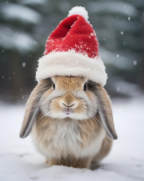 Foto un conejo lindo con sombrero rojo de santa en un fondo de invierno nevado