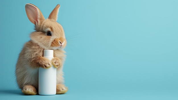 conejo lindo sosteniendo una botella de cosméticos blanca de fondo azul con lugar para el texto