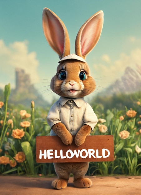 Un conejo lindo sosteniendo un cartel que dice hola mundo