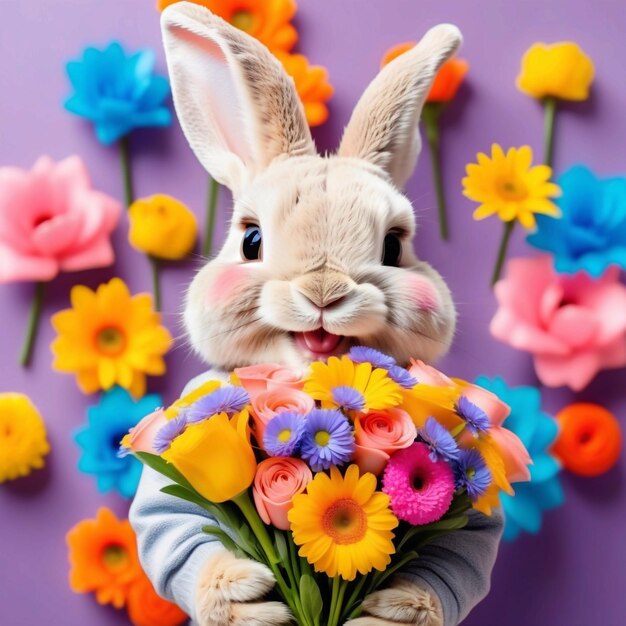 Foto un conejo lindo sosteniendo una flor colorida