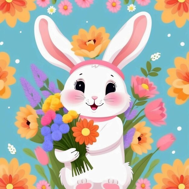 un conejo lindo sosteniendo una flor colorida