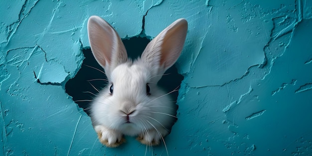 El conejo lúdico emerge del agujero roto en la pared azul vibrante Concepto Fotografía de fantasía Escenas caprichosas Retratos mágicos Edición creativa