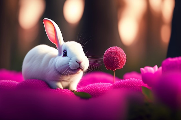 Un conejo en un macizo de flores con una bola rosa