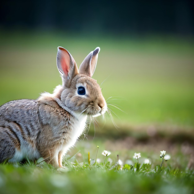 Foto un conejo marrón y blanco está parado en la hierba con flores en el fondo.