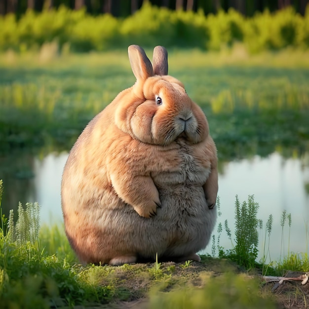 Foto conejo marrón muy gordo con un abrigo largo en un campo de hierba