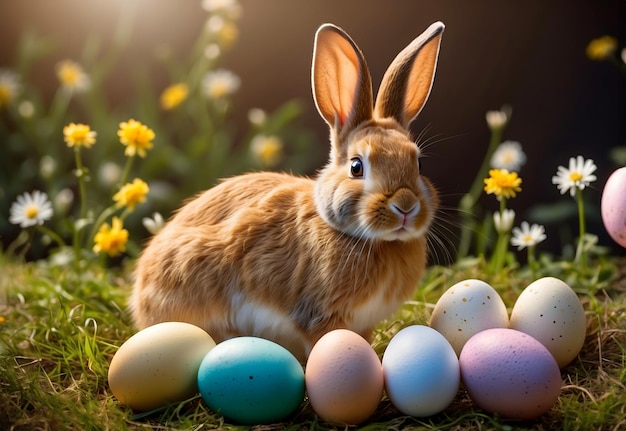 Conejo marrón o conejo en un prado mágico rodeado de flores y huevos de Pascua