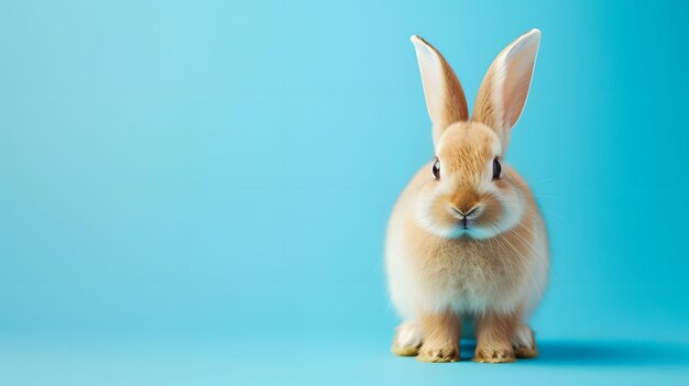 Un conejo marrón sentado sobre un fondo azul