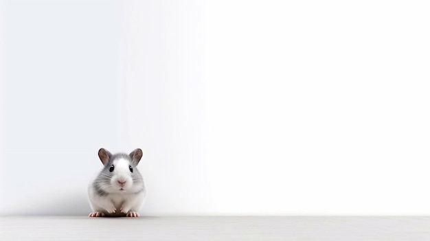 Un conejo mascota gris y blanco se sienta en un suelo blanco.