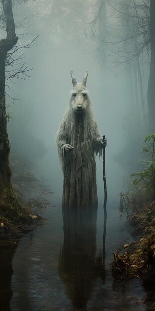 Foto un conejo con una melena larga está en un bosque
