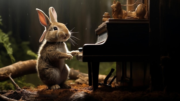 Foto un conejo con un mini piano como fondo de jazz