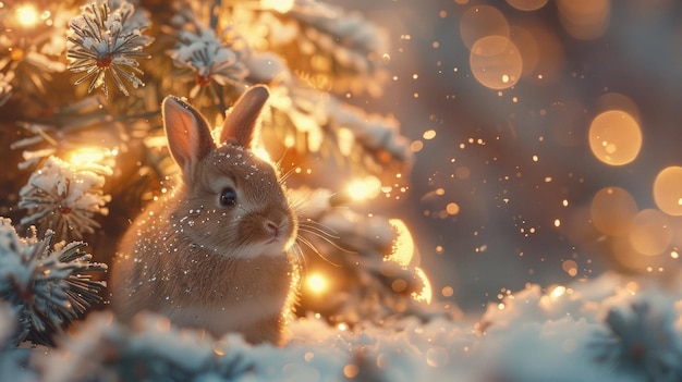 conejo miniatura de Santa paisaje invernal árbol de Navidad brilla nieve suave AI generativo