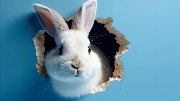 Un conejo mira por un agujero en una pared azul.