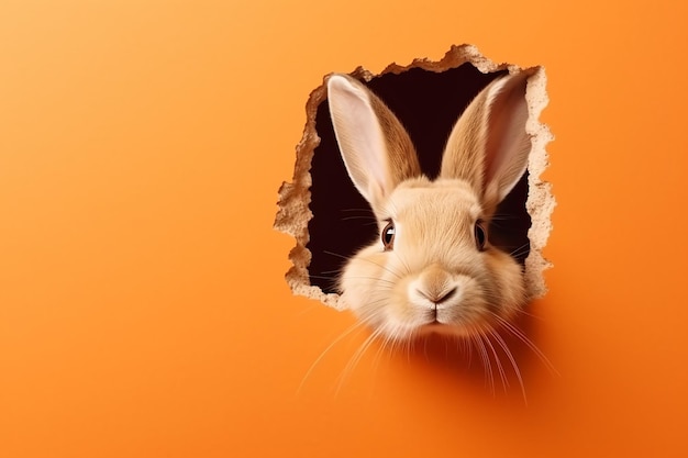 Un conejo mira a través de un agujero en una pared naranja.