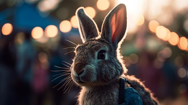 Foto un conejo con una mochila en la espalda.