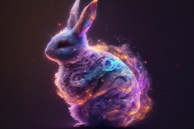 conejo morado en el espacio rodeado de luces de colores