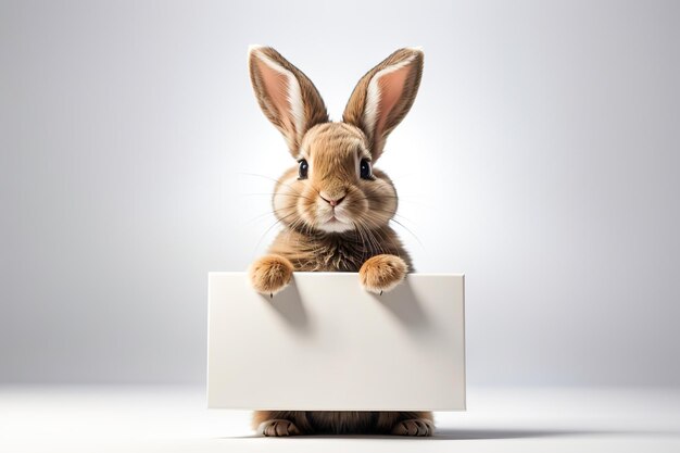 Conejo mullido mira el cartel de conejo de pascua para publicidad