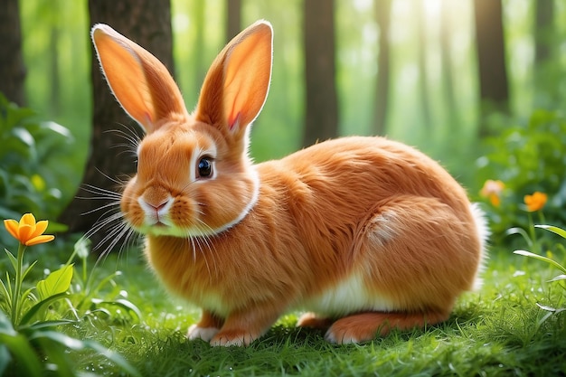 Un conejo naranja salvaje con orejas grandes en un bosque verde fresco conejo bebé de primavera o conejo de Pascua
