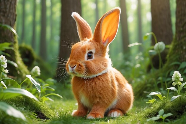 Un conejo naranja salvaje con orejas grandes en un bosque verde fresco conejo bebé de primavera o conejo de Pascua