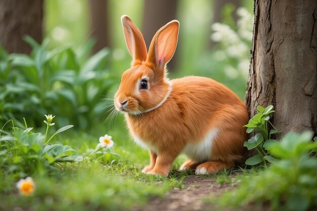 Un conejo naranja salvaje con orejas grandes en un bosque verde fresco conejo bebé de primavera o conejo de Pascua