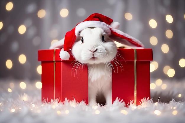 Conejo en Navidad Conejo lindo blanco y marrón asoma de una caja de regalos roja contra el fondo de las luces de Navidad Una sorpresa hilarante