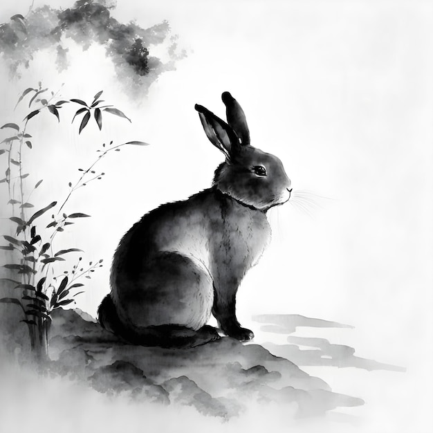 Conejo Negro Sumie dibujo Signo del Zodíaco Oriental Chino Ilustración en acuarela IA generativa