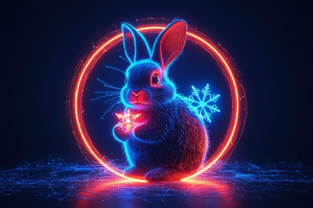 Conejo de neón con copo de nieve en un anillo de luz