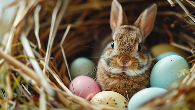 Conejo en un nido con huevos de Pascua