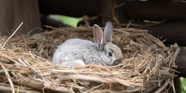 Un conejo en un nido con paja.