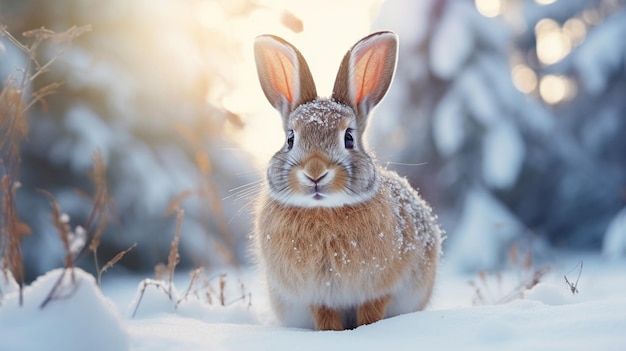 Un conejo en la nieve en el bosque