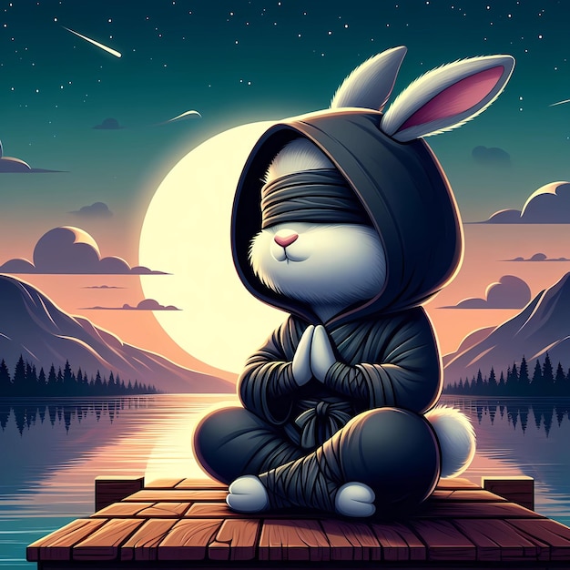 conejo ninja meditando cerca del río ilustración