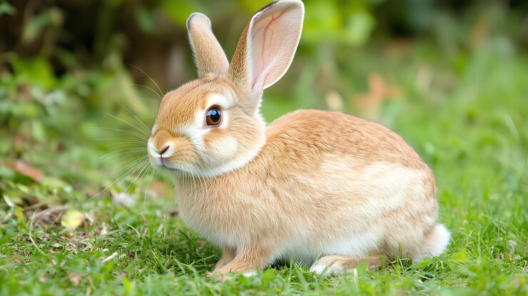 un conejo con un ojo azul y una cara y orejas marrones