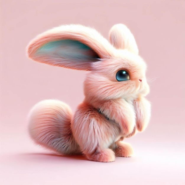 Un conejo con ojos azules está sentado sobre un fondo rosa.