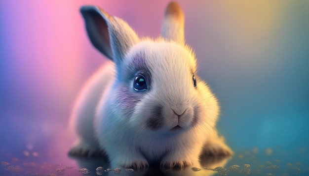 Un conejo con ojos azules se sienta sobre un fondo colorido.