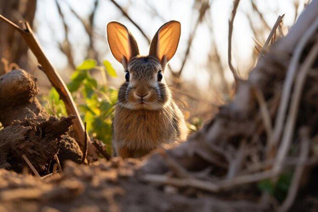 un conejo con orejas que sobresalen del suelo