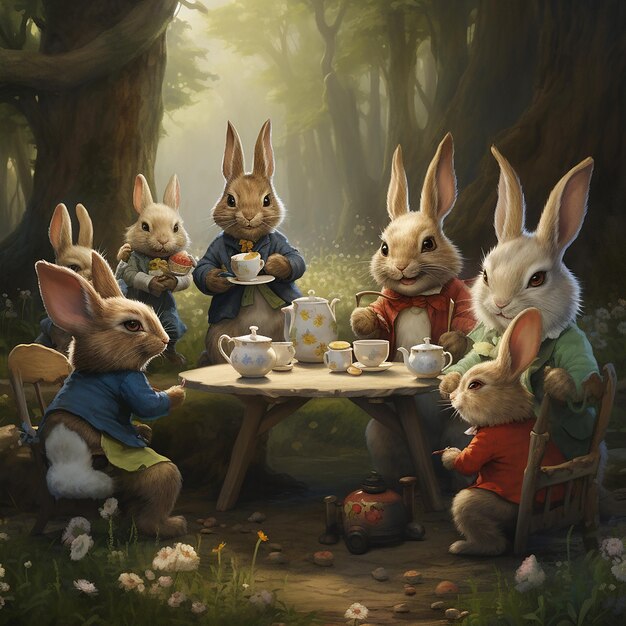 Un conejo organiza una fiesta de té para un grupo de criaturas del bosque