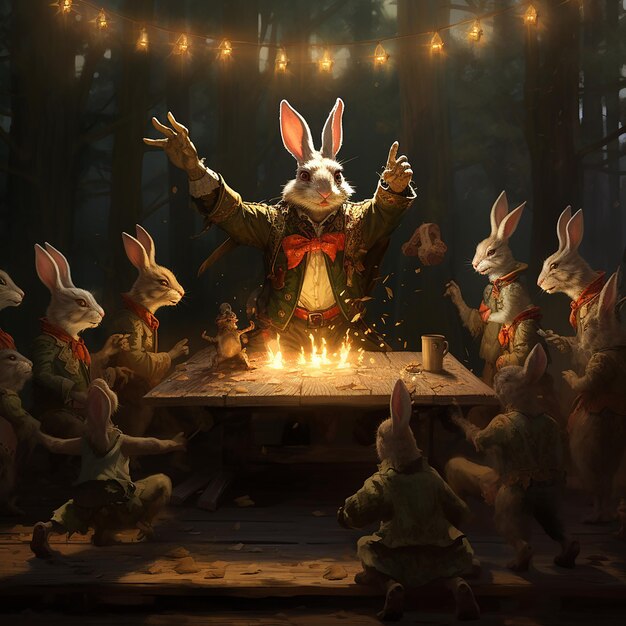 Conejo organizando un espectáculo de magia para un grupo de criaturas del bosque