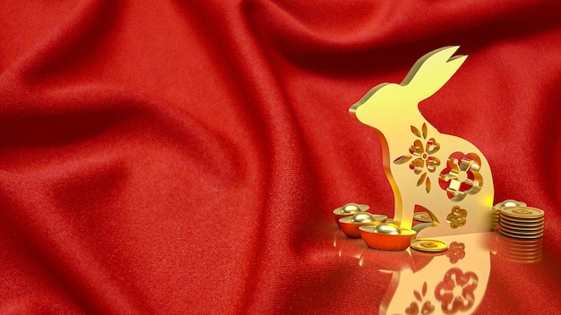 El conejo de oro y el dinero chino vintage en la representación 3d de fondo rojo