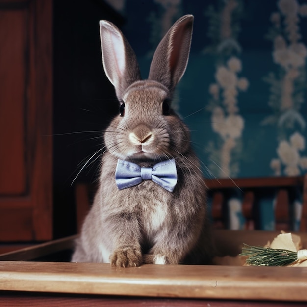 Un conejo con pajarita se sienta en una mesa