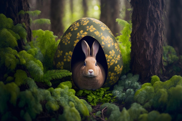 Conejo de Pascua en el agujero del bosque entre los huevos de Pascua Conejo esponjoso está buscando huevos decorados de colores en la hierba del bosque cerca del agujero en forma de luz solar de huevo