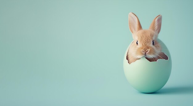 Un conejo de Pascua anidado en una cáscara de huevo descansa contra un fondo azul tranquilo