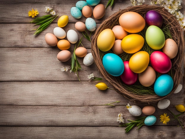 El conejo de Pascua se asoma fuera de la pared azul 3d renderizaciónFeliz fondo de Pascua con huevos de Pascua